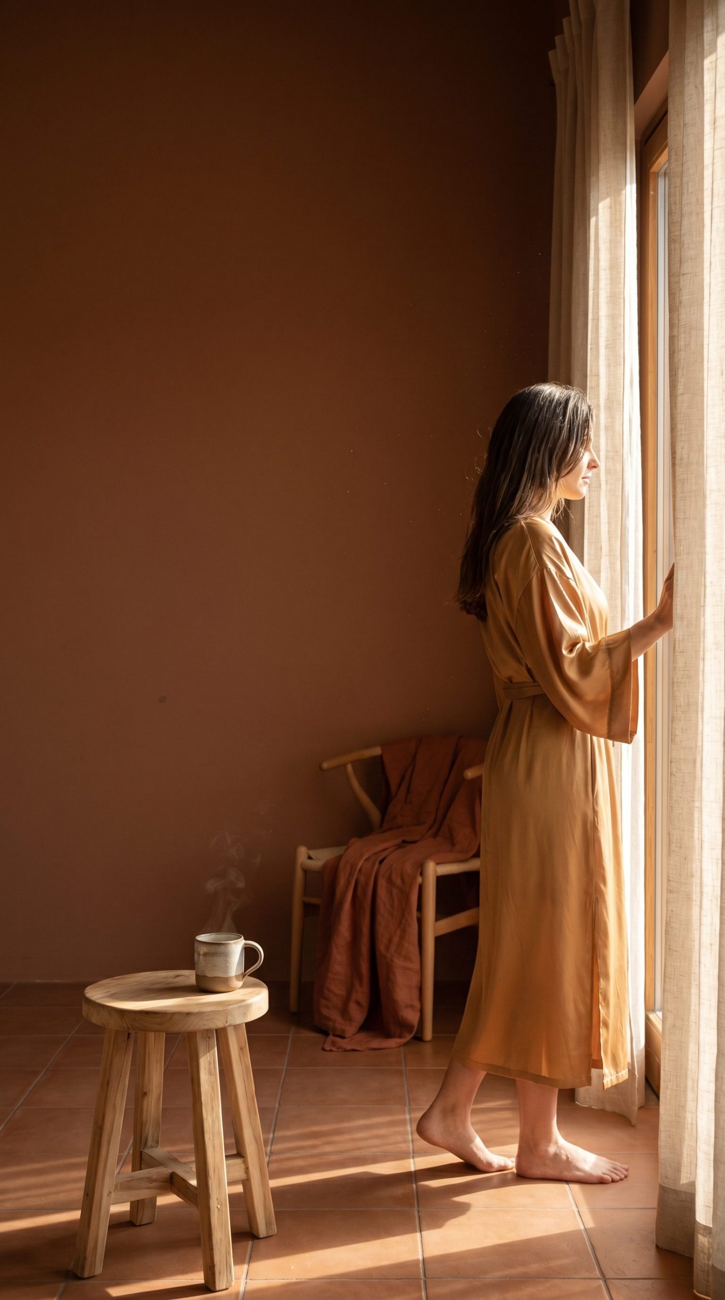 Woman in silk robe near sunlit window with coffee, cozy aesthetic morning routine