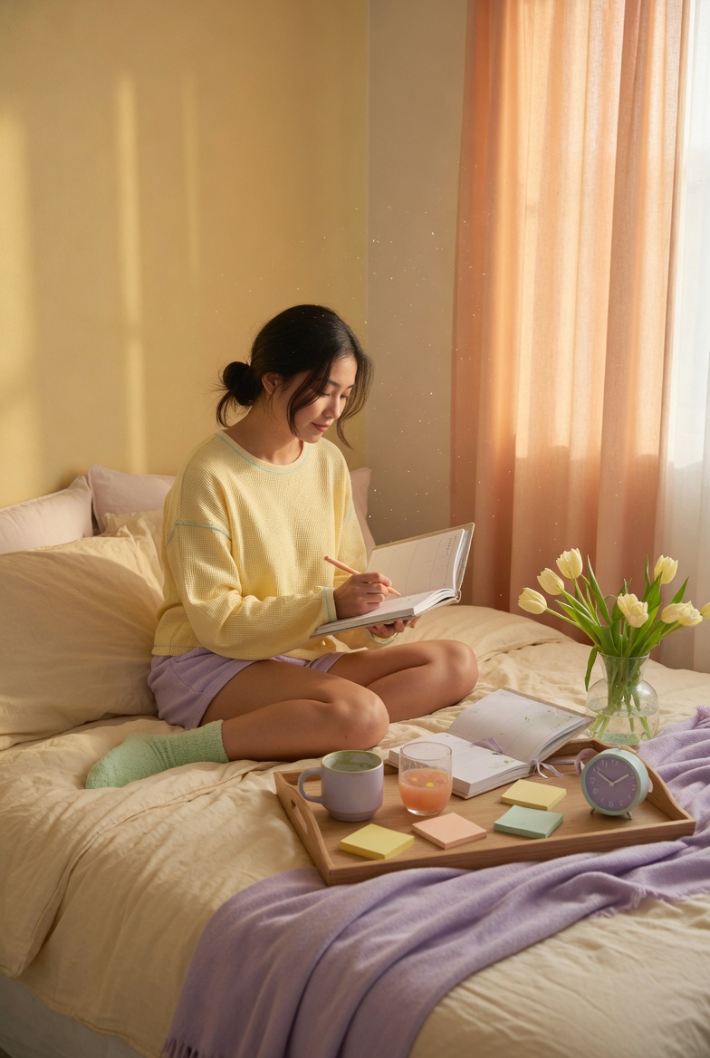 Aesthetic lifestyle morning routine in pastel cozy bedroom