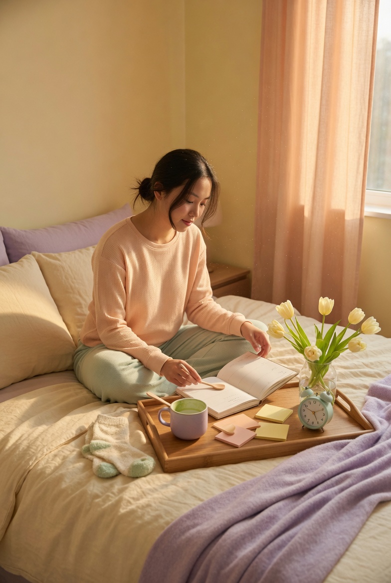 Aesthetic lifestyle morning routine in pastel cozy bedroom