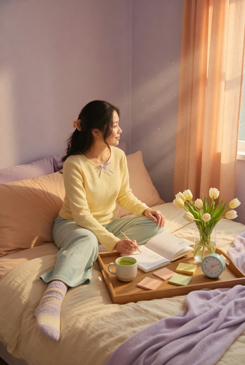 Aesthetic lifestyle morning routine in pastel cozy bedroom