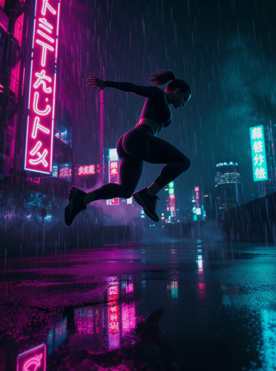 Athletic woman mid-jump on neon-lit rainy rooftop at night, AI generated