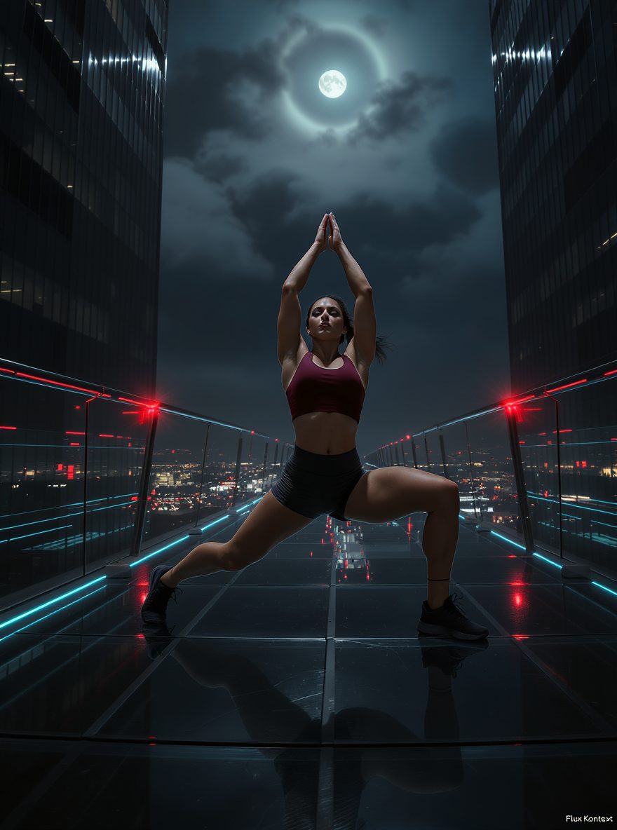 Athletic woman mid-jump on neon-lit rainy rooftop at night, AI generated