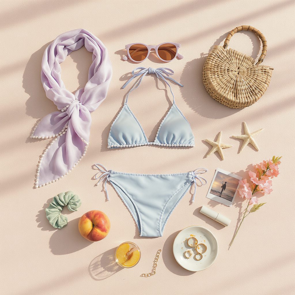 Pastel swimwear flat lay with bikini, sunglasses, straw bag, AI generated