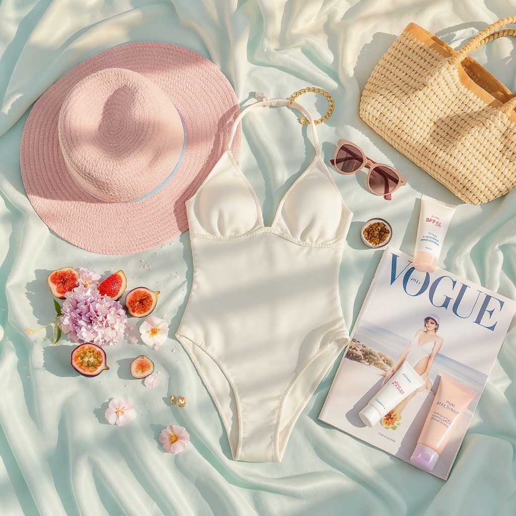 Pastel swimwear flat lay with bikini, sunglasses, straw bag, AI generated