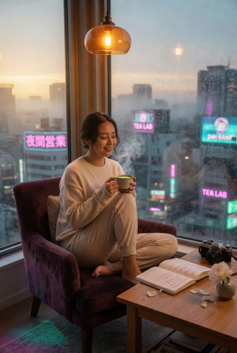 Cozy morning routine in neon skyline apartment at dawn, AI generated