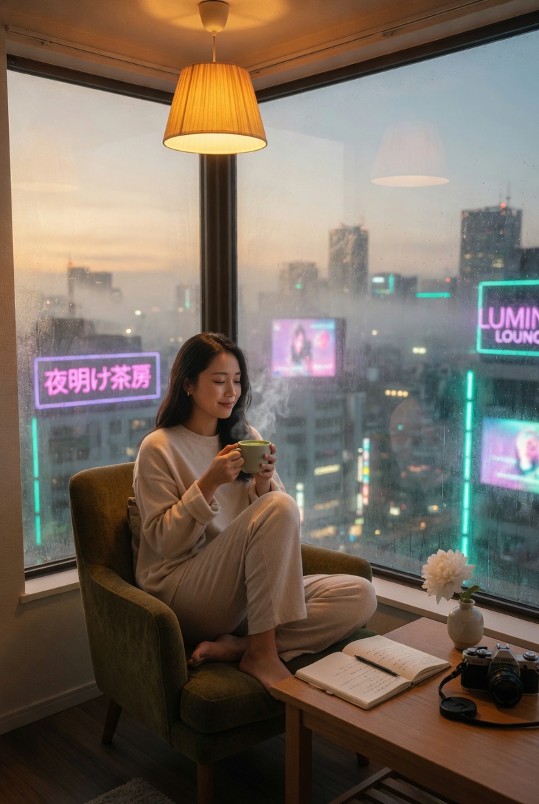 Cozy morning routine in neon skyline apartment at dawn, AI generated