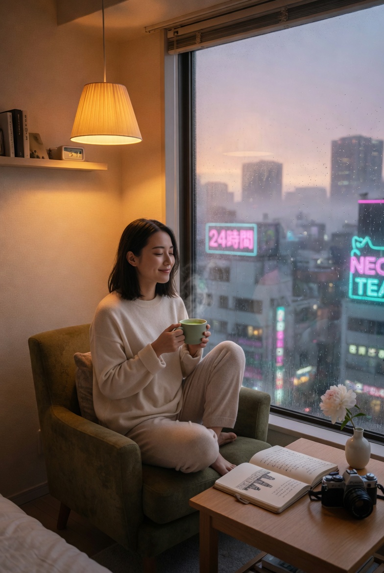 Cozy morning routine in neon skyline apartment at dawn, AI generated