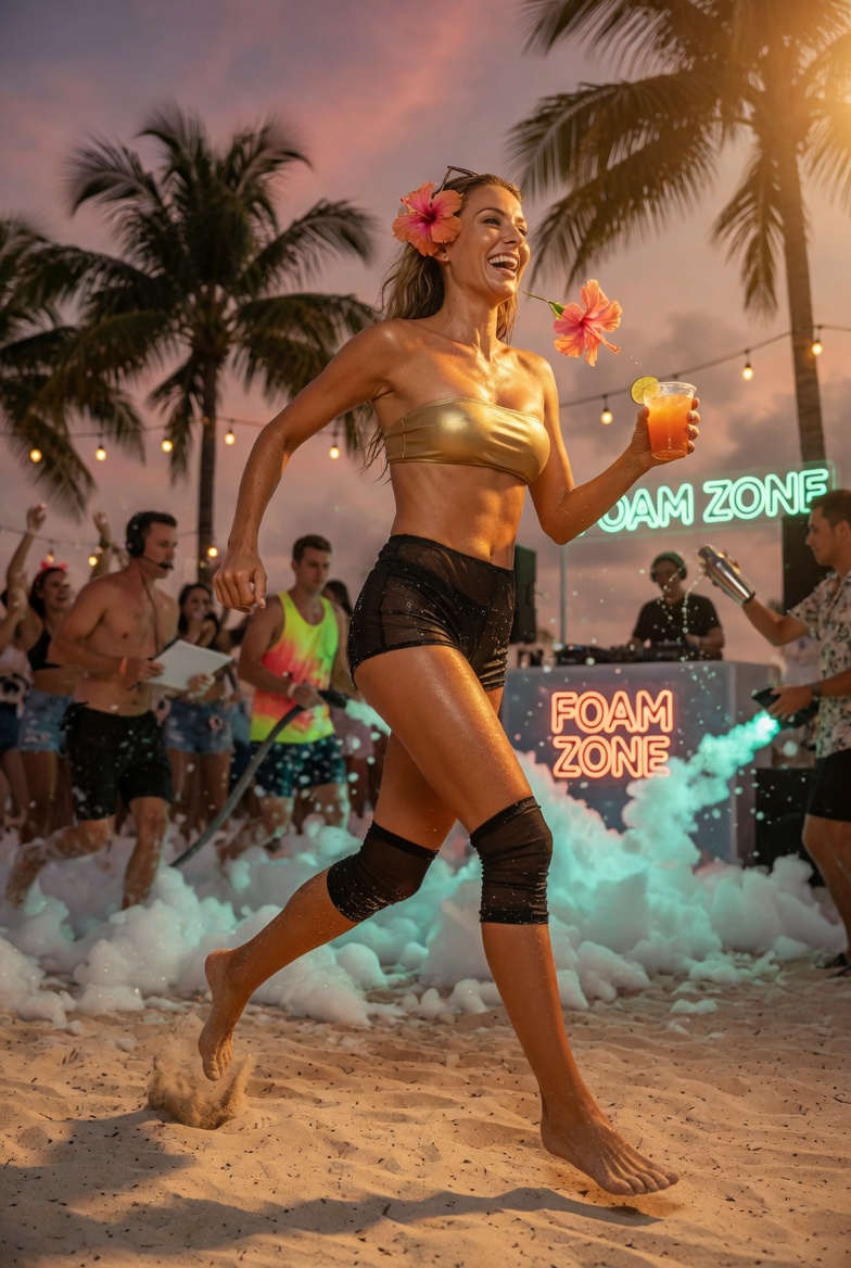 Beach party bikini editorial behind the scenes golden hour, AI generated