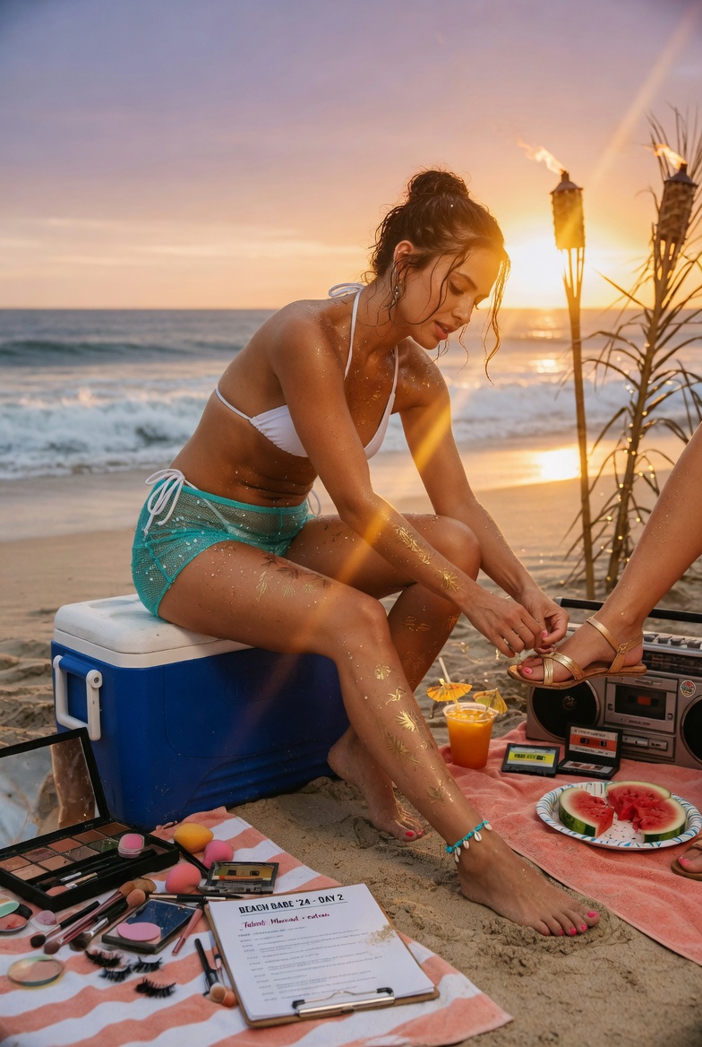 Beach party bikini editorial behind the scenes golden hour, AI generated
