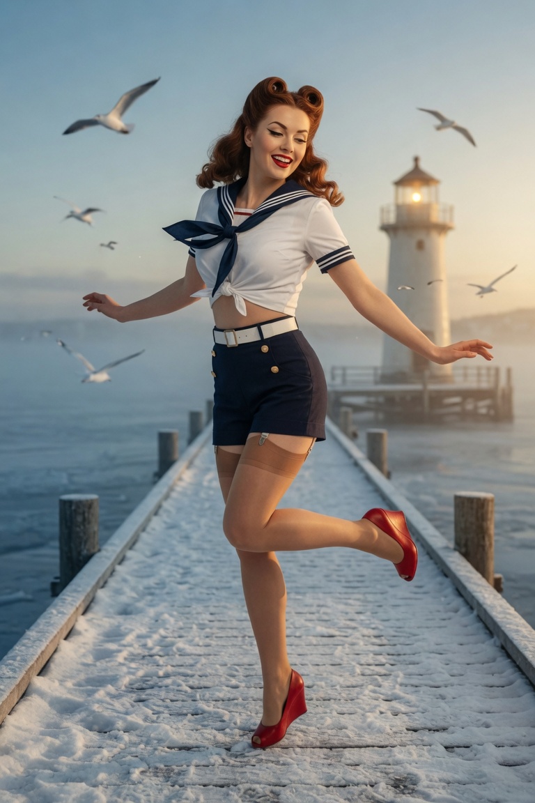 Vintage pinup in sailor blouse on Nordic pier, retro glamour, AI generated