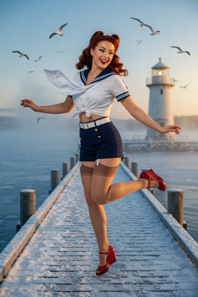 Vintage pinup in sailor blouse on Nordic pier, retro glamour, AI generated