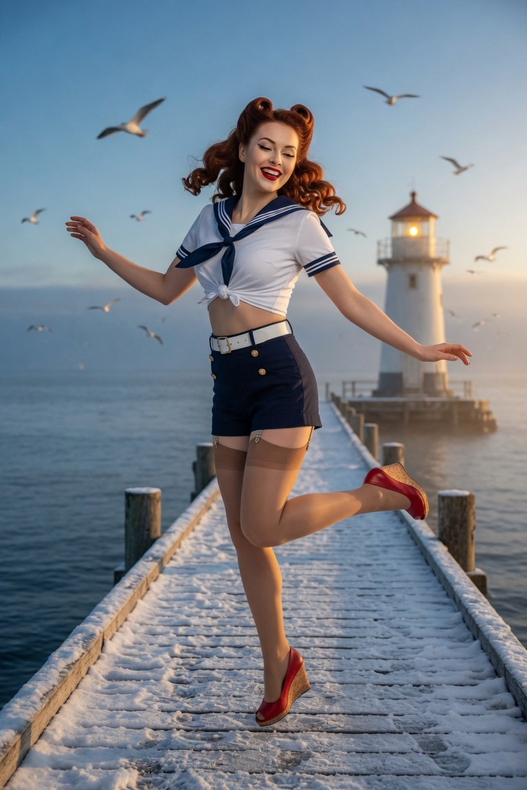 Vintage pinup in sailor blouse on Nordic pier, retro glamour, AI generated