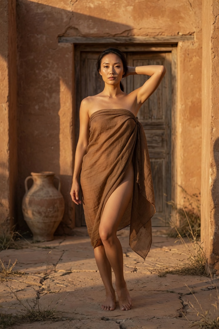 Fine art nude woman in terracotta courtyard golden hour light, AI generated